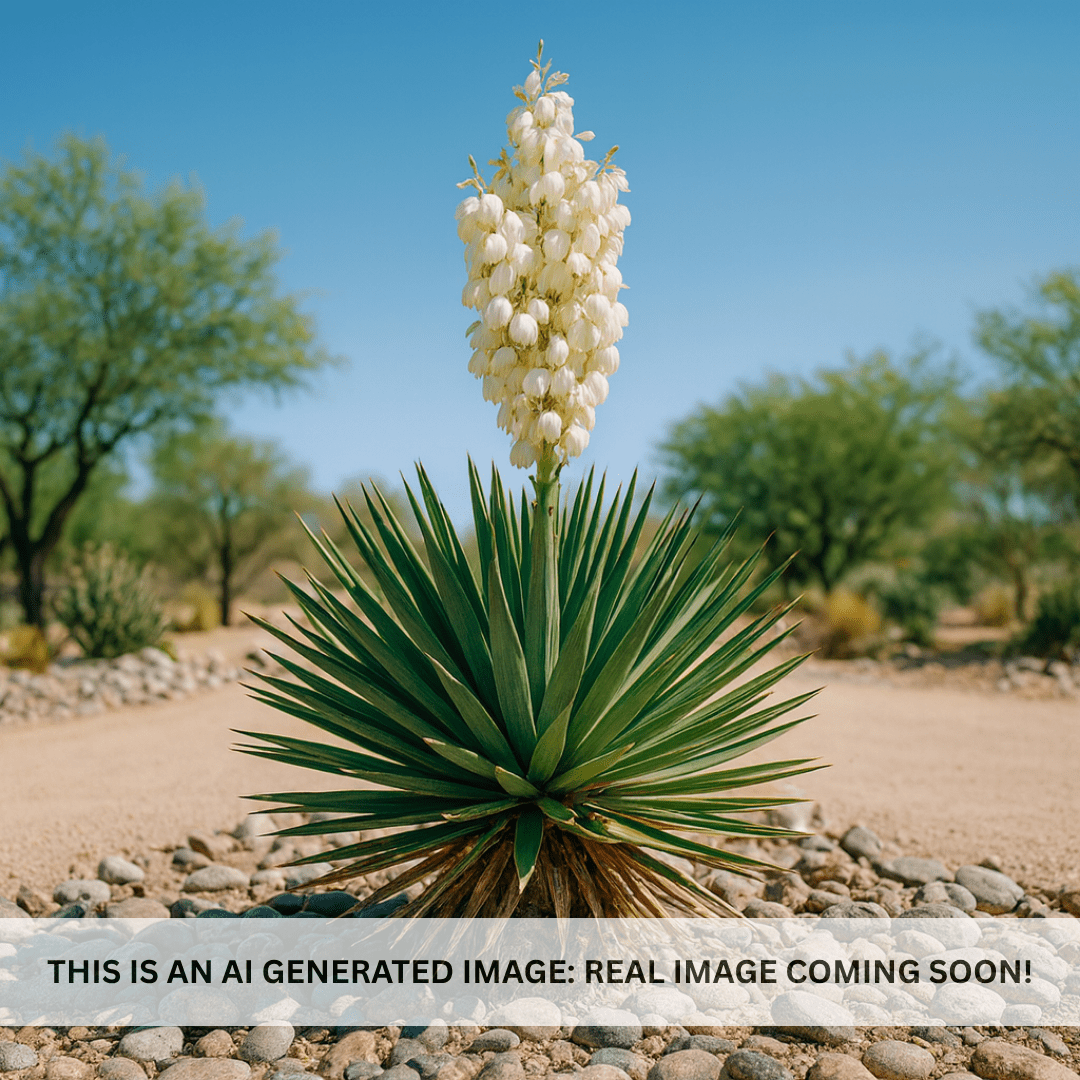 Adam's Needle (Yucca filamentosa) with white flower stalk in desert landscape — Phoenix, AZ