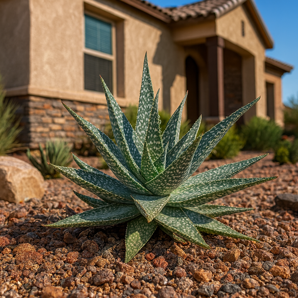 Aloe Hybrid (Saponaria hybrid) spotted rosette in desert landscape bed with gravel mulch — Phoenix, AZ