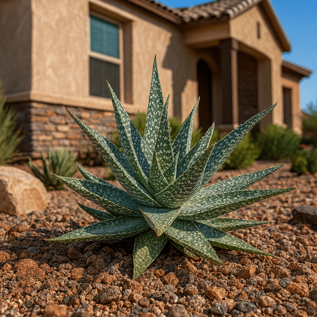 Aloe Hybrid (Saponaria hybrid) spotted rosette in desert landscape bed with gravel mulch — Phoenix, AZ