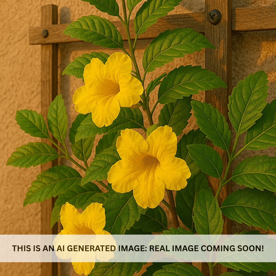 Arizona Yellow Bells (Tecoma stans) yellow trumpet flowers on wooden espalier trellis — Phoenix, AZ