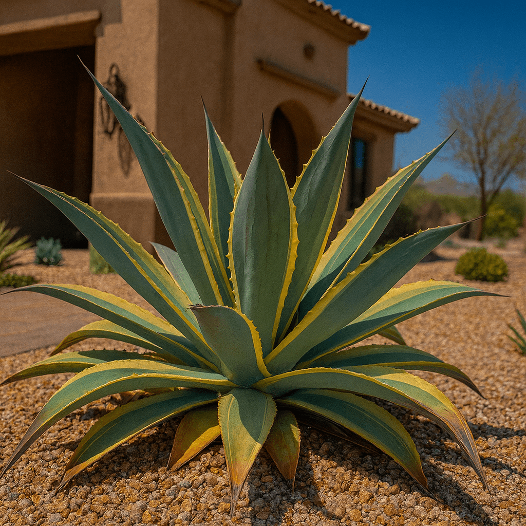Arizona Star Agave (Agave weberi) in desert landscape with gravel and southwest home — Phoenix, AZ