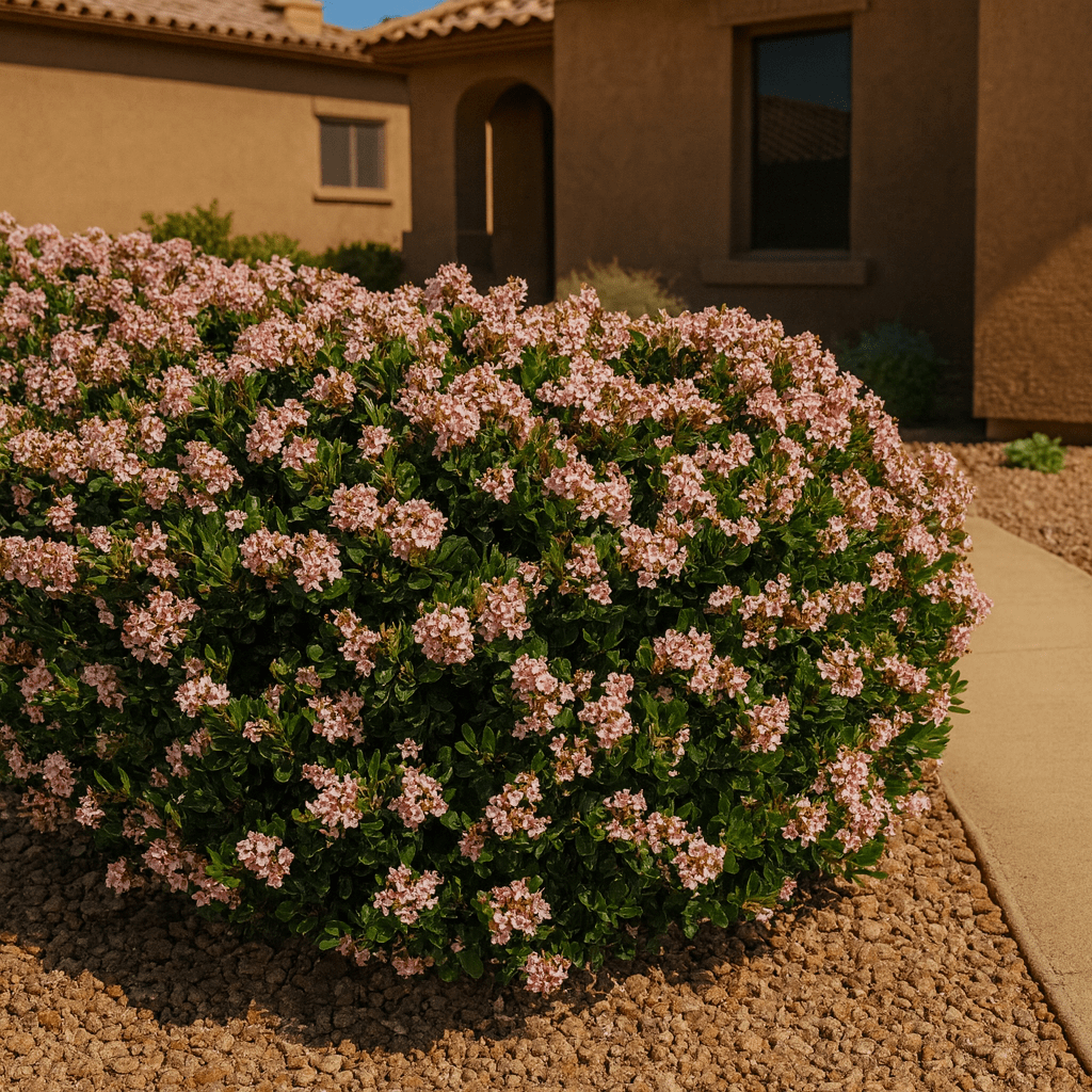 Bay Breeze Indian Hawthorn (Rhaphiolepis indica) with pink blooms in residential landscape — Phoenix, AZ