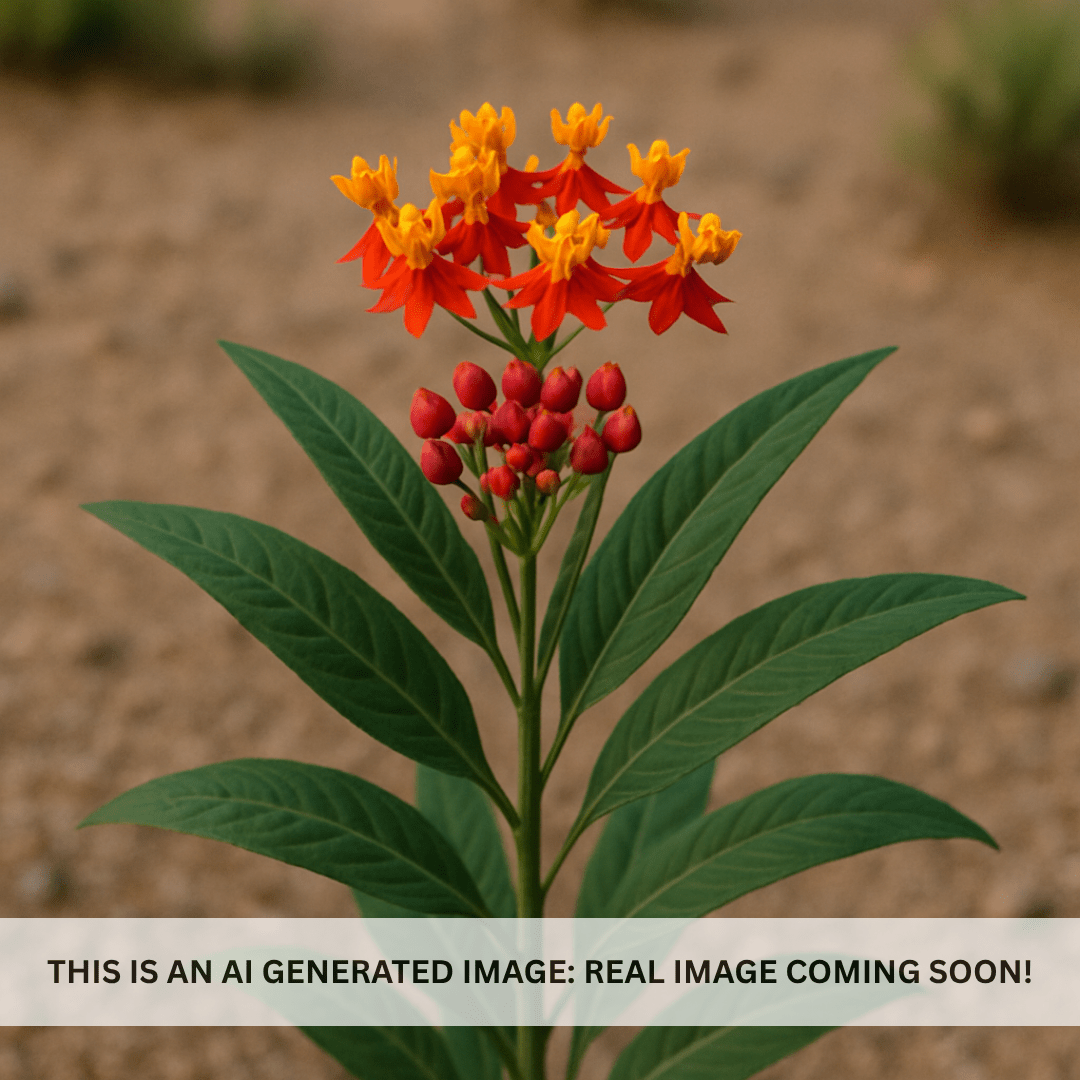 Blood Flower (Asclepias curassavica) close-up showing red and yellow flower clusters — Phoenix, AZ