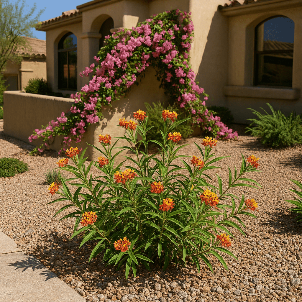 Blood Flower (Asclepias curassavica) with red and orange flower clusters in gravel landscape bed — Phoenix, AZ