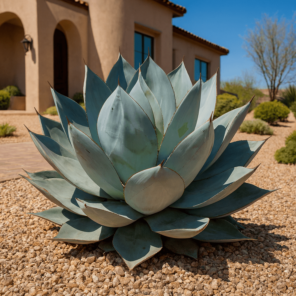 Blue Wave Agave (Agave colorata x celsii) powdery blue rosette in desert landscape — Phoenix, AZ