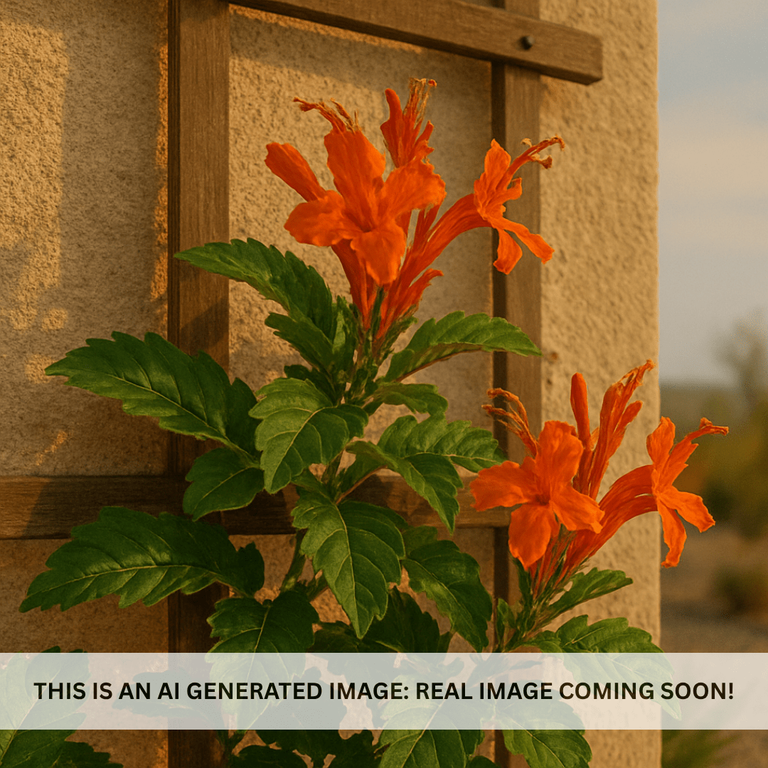 Cape Honeysuckle Espalier (Tecoma capensis) with vibrant orange trumpet blooms trained on trellis against wall — Phoenix, AZ