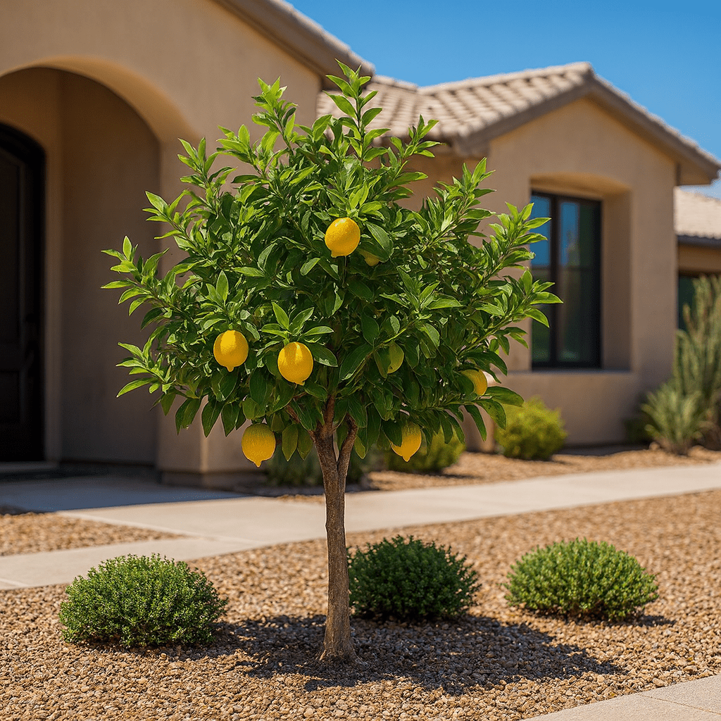 Cocktail Citrus multi-graft tree (Citrus spp.) with yellow fruit in desert front yard landscape — Phoenix, AZ