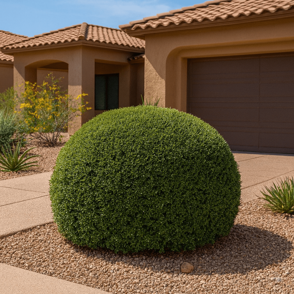 Dwarf Yaupon Holly (Ilex vomitoria 'Stokes') compact evergreen shrub in landscape — Phoenix, AZ