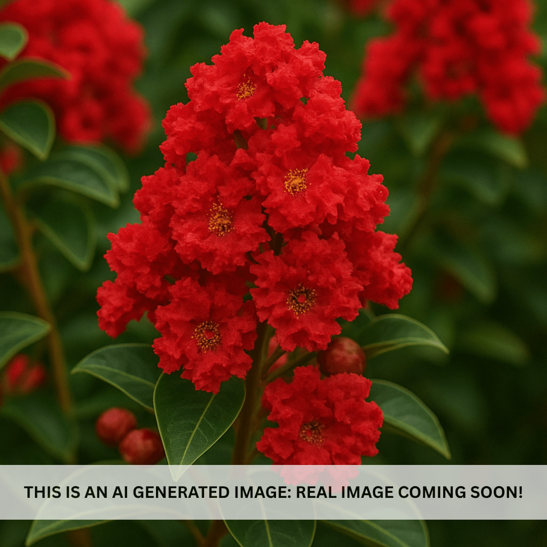 Dynamite Red Crape Myrtle Tree (Lagerstroemia indica) close-up vivid crimson bloom clusters — Phoenix, AZ