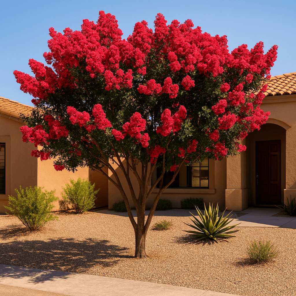 Dynamite Red Crape Myrtle Tree (Lagerstroemia indica) in full vivid red bloom in desert front yard landscape — Phoenix, AZ