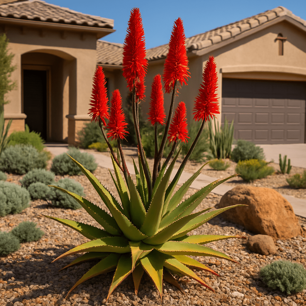 Erik the Red Aloe (Aloe 'Erik the Red') tall succulent with red blooms in landscape — Phoenix, AZ