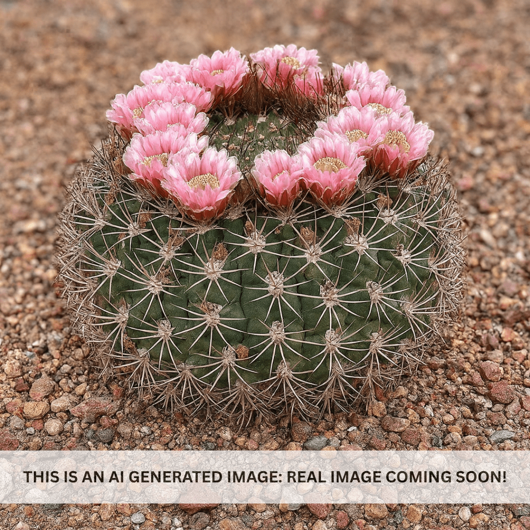 Gymnocalycium saglionis (Giant Chin Cactus) globular barrel with pink flowers and curving spines on gravel — Phoenix, AZ