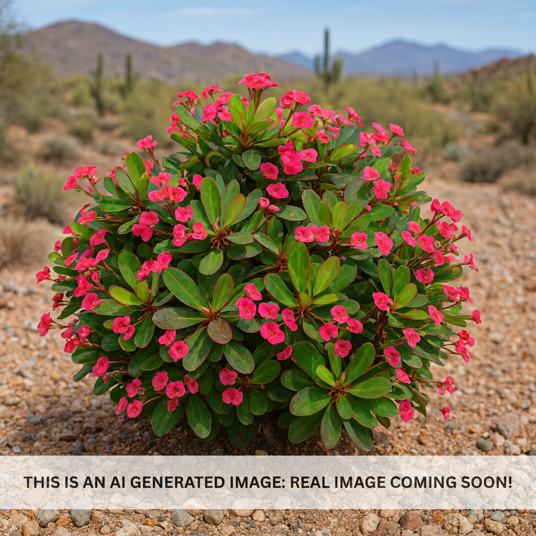 Jerry's Choice Crown of Thorns (Euphorbia milii) coral-red flowering succulent shrub in desert landscape — Phoenix, AZ