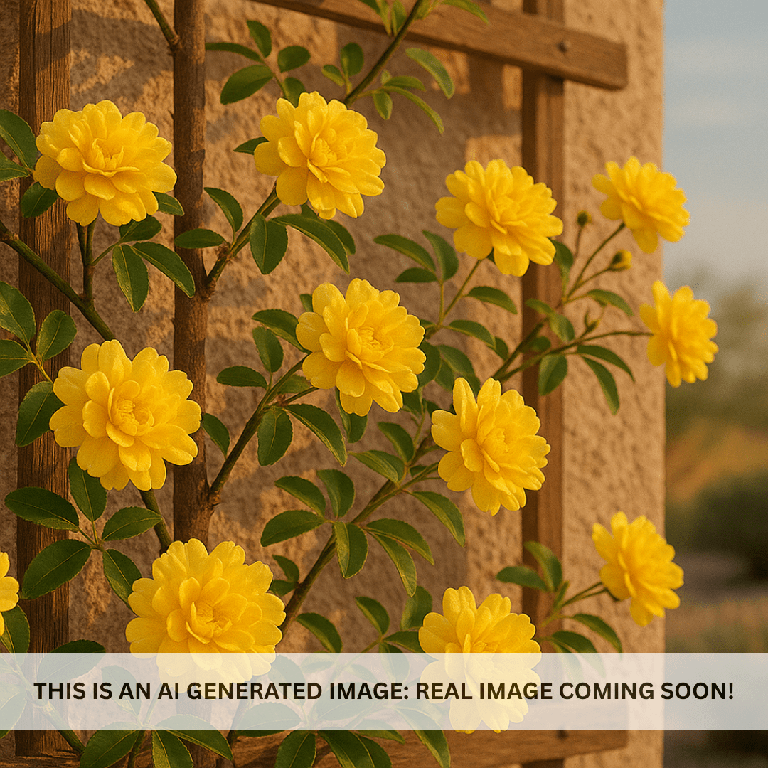 Lady Banks Rose yellow double blooms on wooden trellis espalier — Phoenix, AZ
