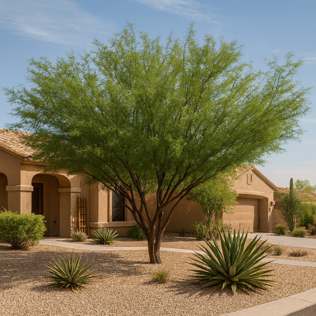 Leslie Roy Mesquite (Prosopis 'Leslie Roy') with wide spreading canopy in desert front yard — Phoenix, AZ