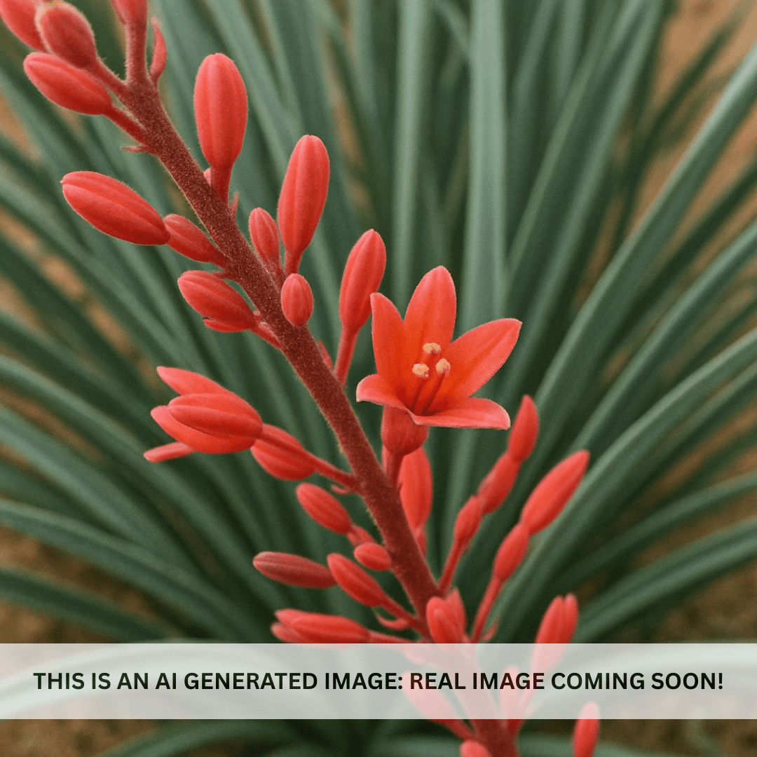 Close-up of Little Giant Hesperaloe red flower spike blooms against green foliage — Phoenix, AZ