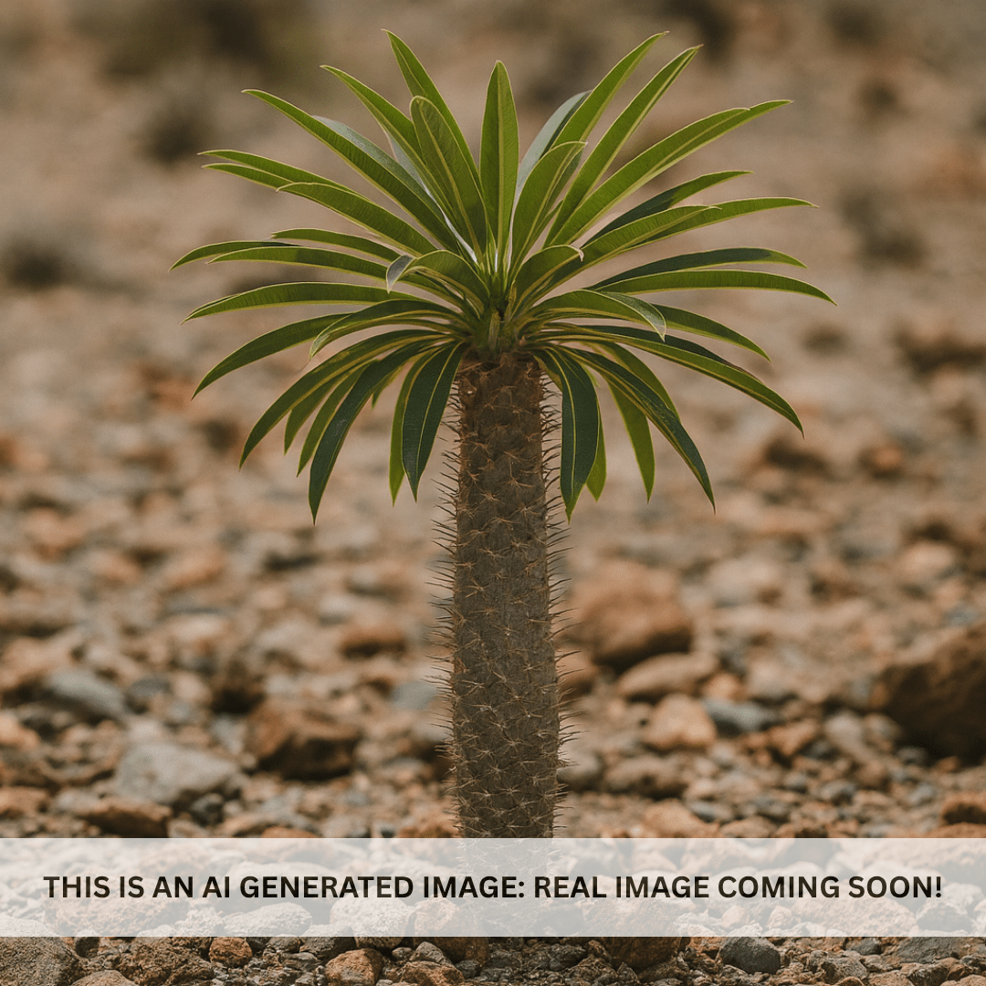 Madagascar Palm (Pachypodium lamerei) young specimen with spiny trunk and green leaf crown on gravel — Phoenix, AZ