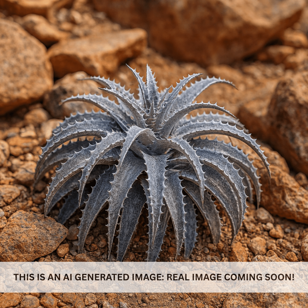 Mangave 'Desert Dragon' dark spotted rosette with toothed leaves in desert rock garden — Phoenix, AZ