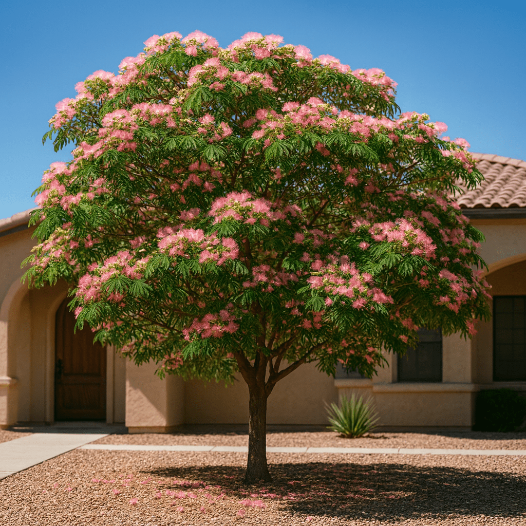 Mimosa Tree (Albizia julibrissin) in full pink bloom in desert front yard landscape — Phoenix, AZ