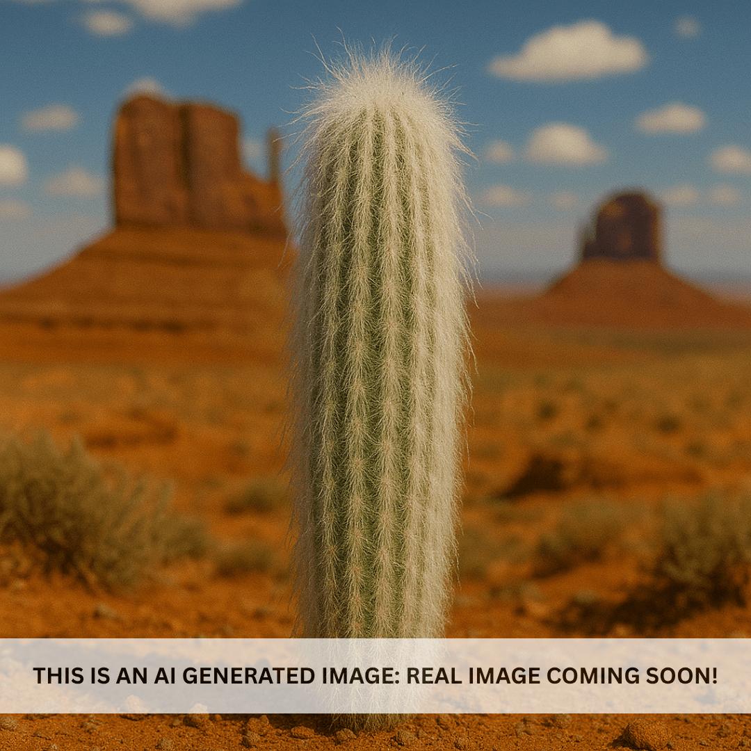 Old Man of Mexico cactus (Cephalocereus senilis) with long flowing white hair in desert landscape — Phoenix, AZ