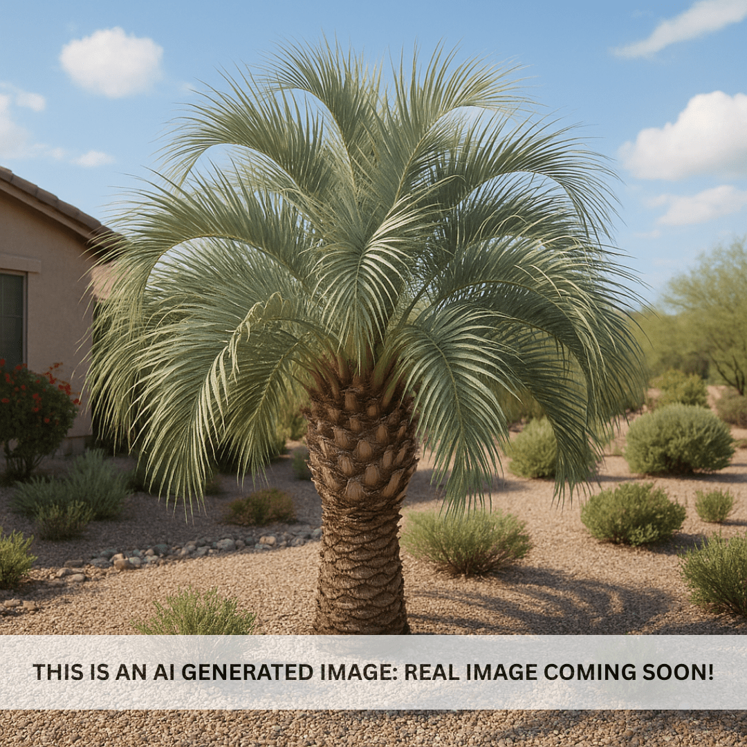 Pindo Palm (Butia capitata) mature tree with textured trunk in gravel desert yard — Phoenix, AZ