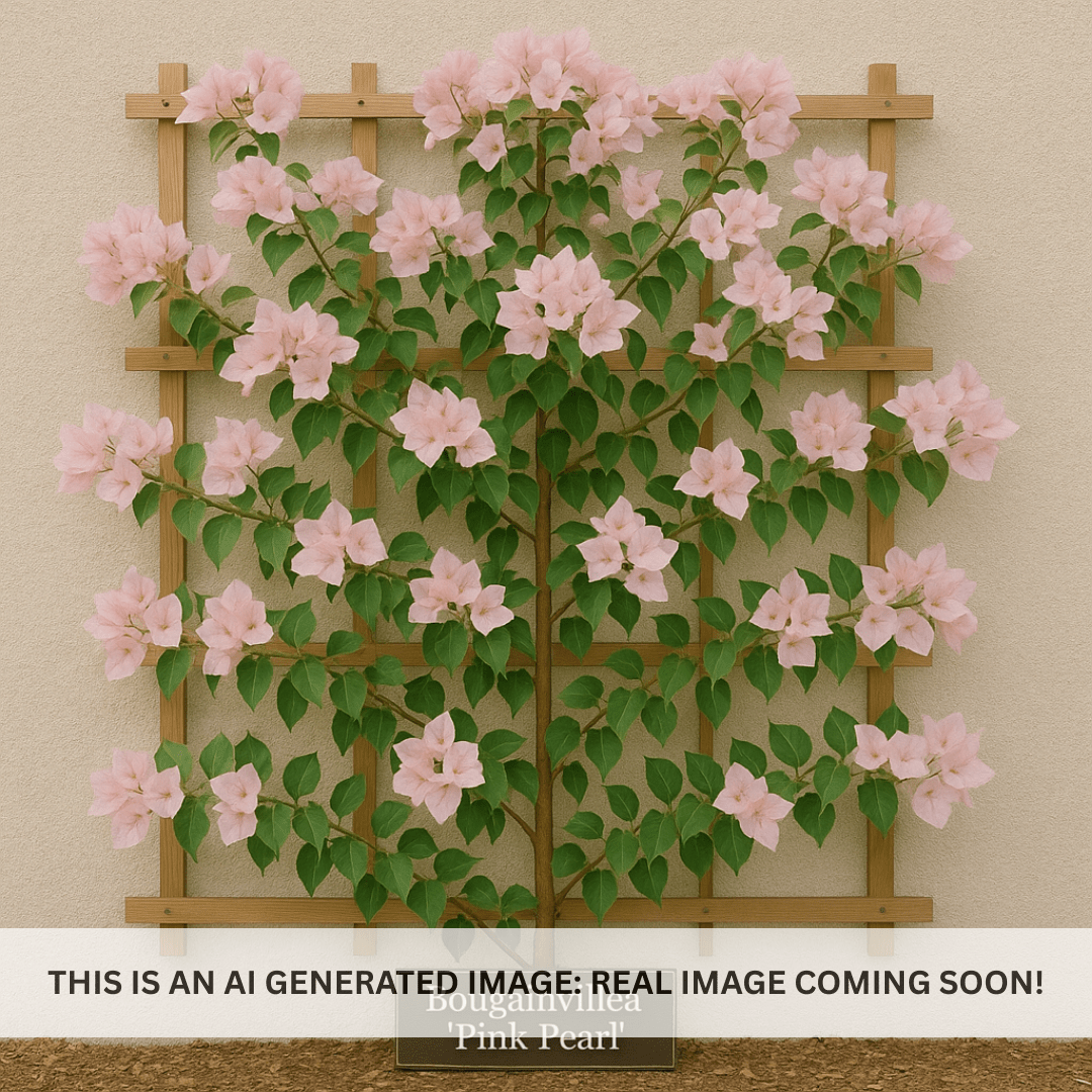 Pink Pearl Bougainvillea Espalier trained on wooden trellis against wall — Phoenix, AZ