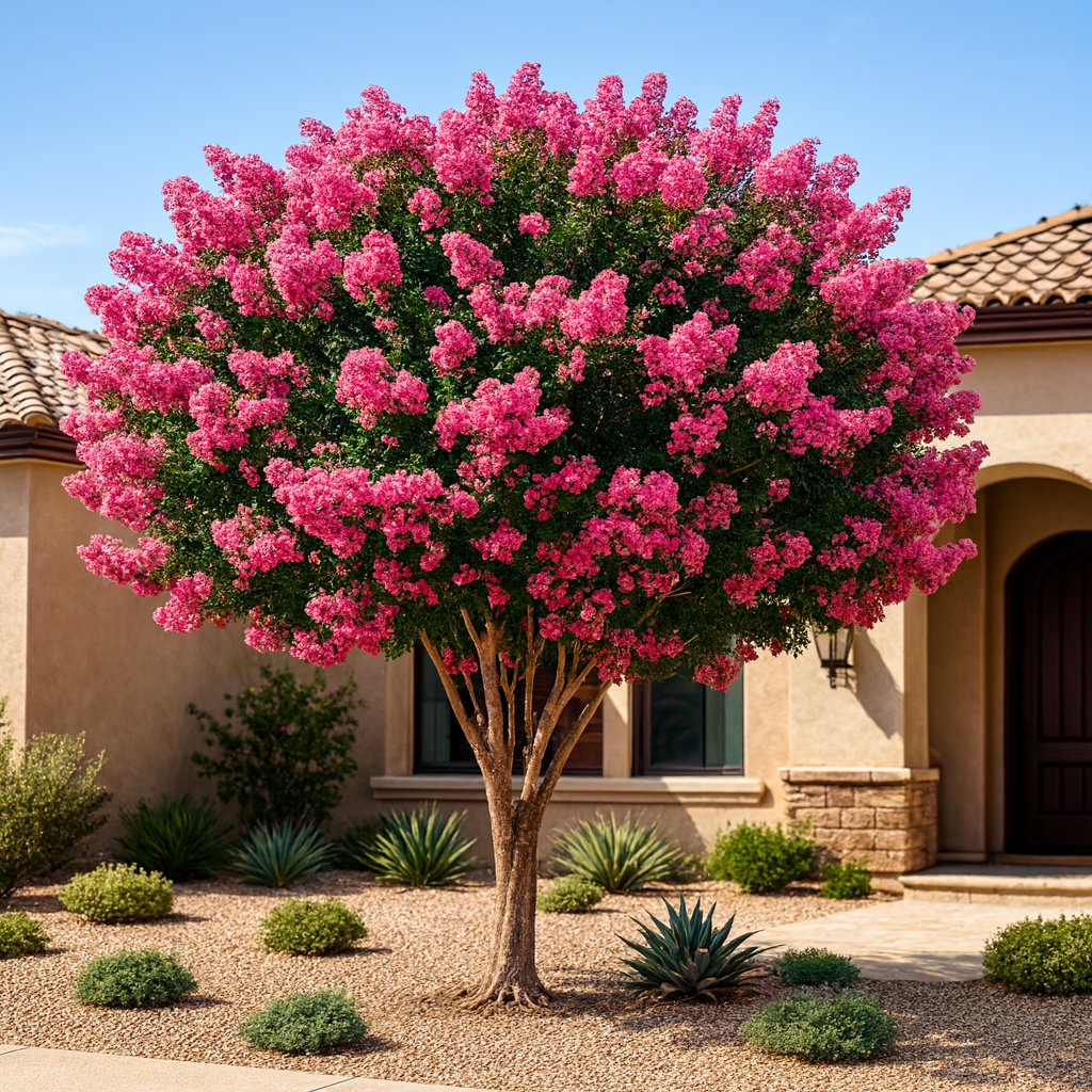 Pink Crape Myrtle (Lagerstroemia indica) in full pink summer bloom in desert front yard landscape — Phoenix, AZ
