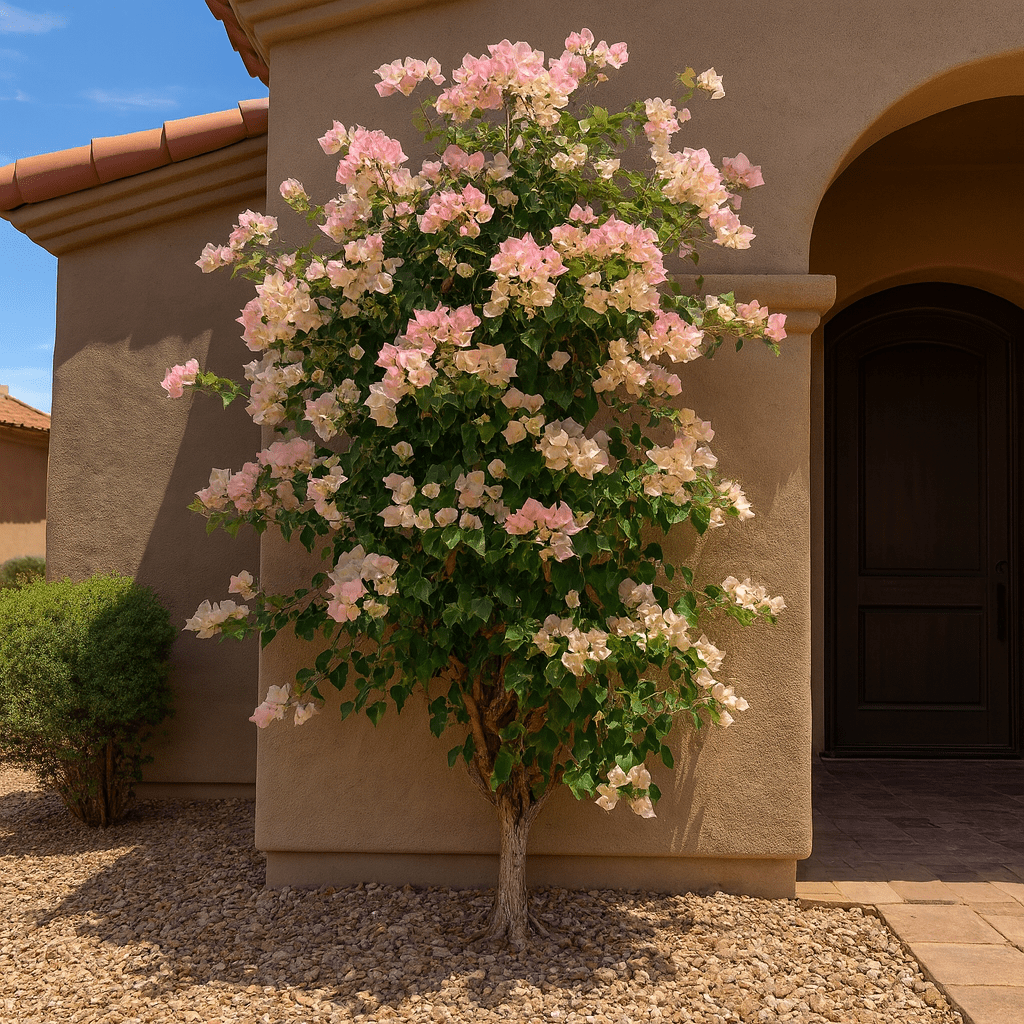 Pink Pearl Bougainvillea Espalier with pastel pink bracts against stucco wall — Phoenix, AZ