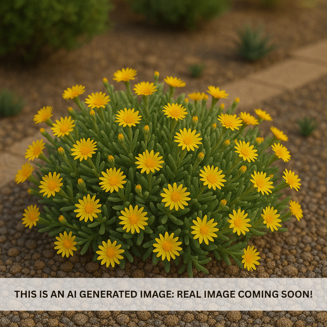 Rocky Point Ice Plant (Malephora lutea) golden yellow blooms on low succulent groundcover — Phoenix, AZ