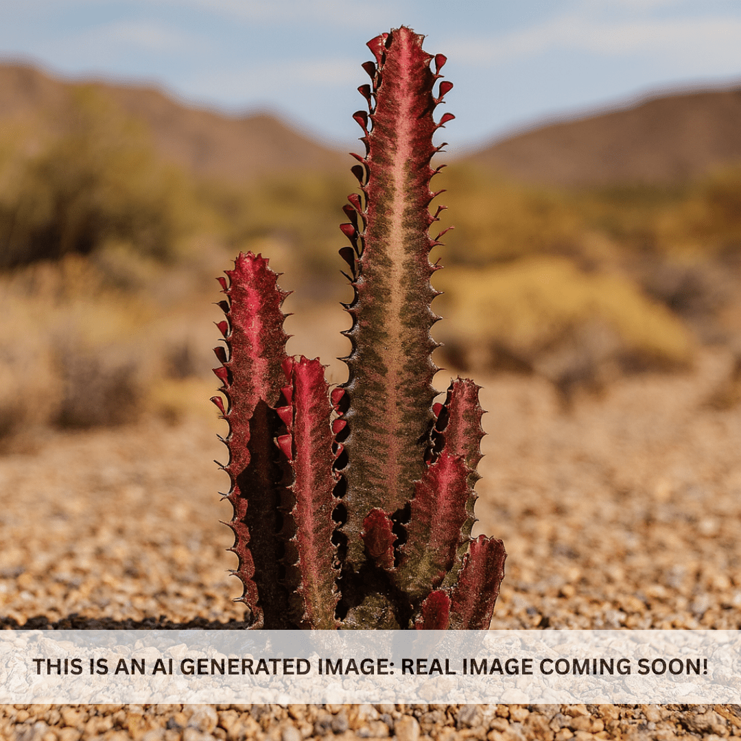 Ruby Red Euphorbia (Euphorbia trigona 'Red') deep burgundy-red columnar stems with small leaves — Phoenix, AZ