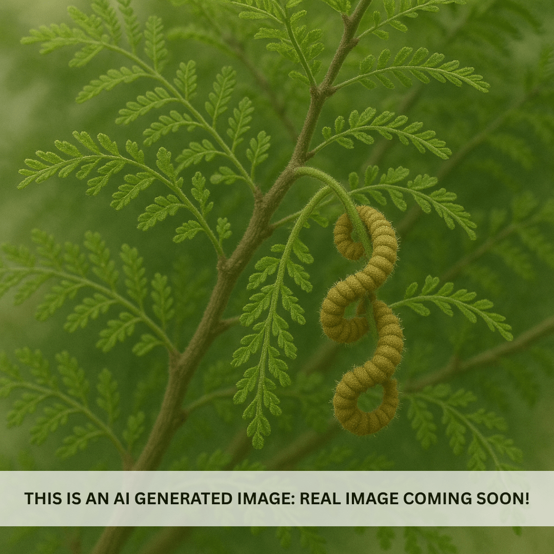 Close-up of Screwbean Mesquite (Prosopis pubescens) corkscrew seed pods and compound leaves — Phoenix, AZ
