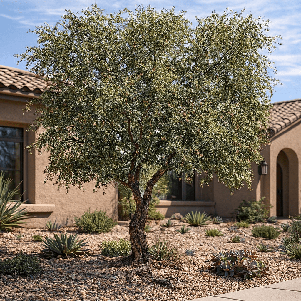 Screwbean Mesquite (Prosopis pubescens) in desert front yard xeriscape landscape — Phoenix, AZ