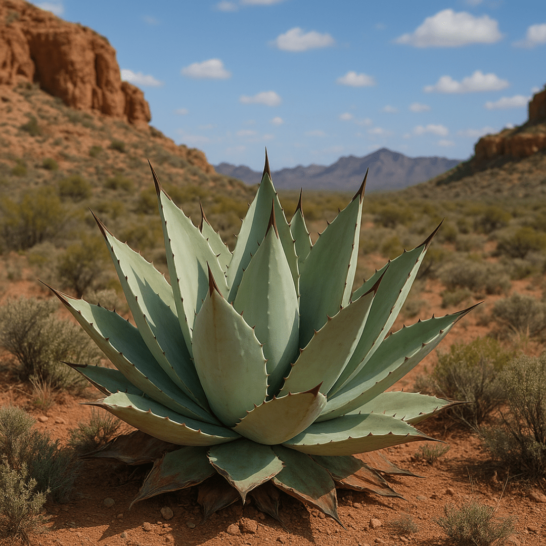 Sebastian's Agave (Agave sebastiana) in Sonoran Desert landscape with red rock hills — Phoenix, AZ
