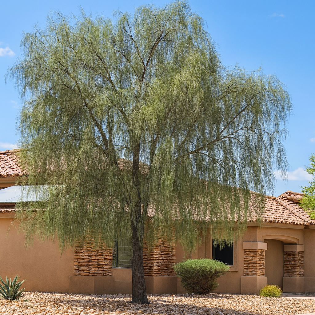 Shoestring Acacia (Acacia stenophylla) with dramatic weeping form in desert residential front yard — Phoenix, AZ