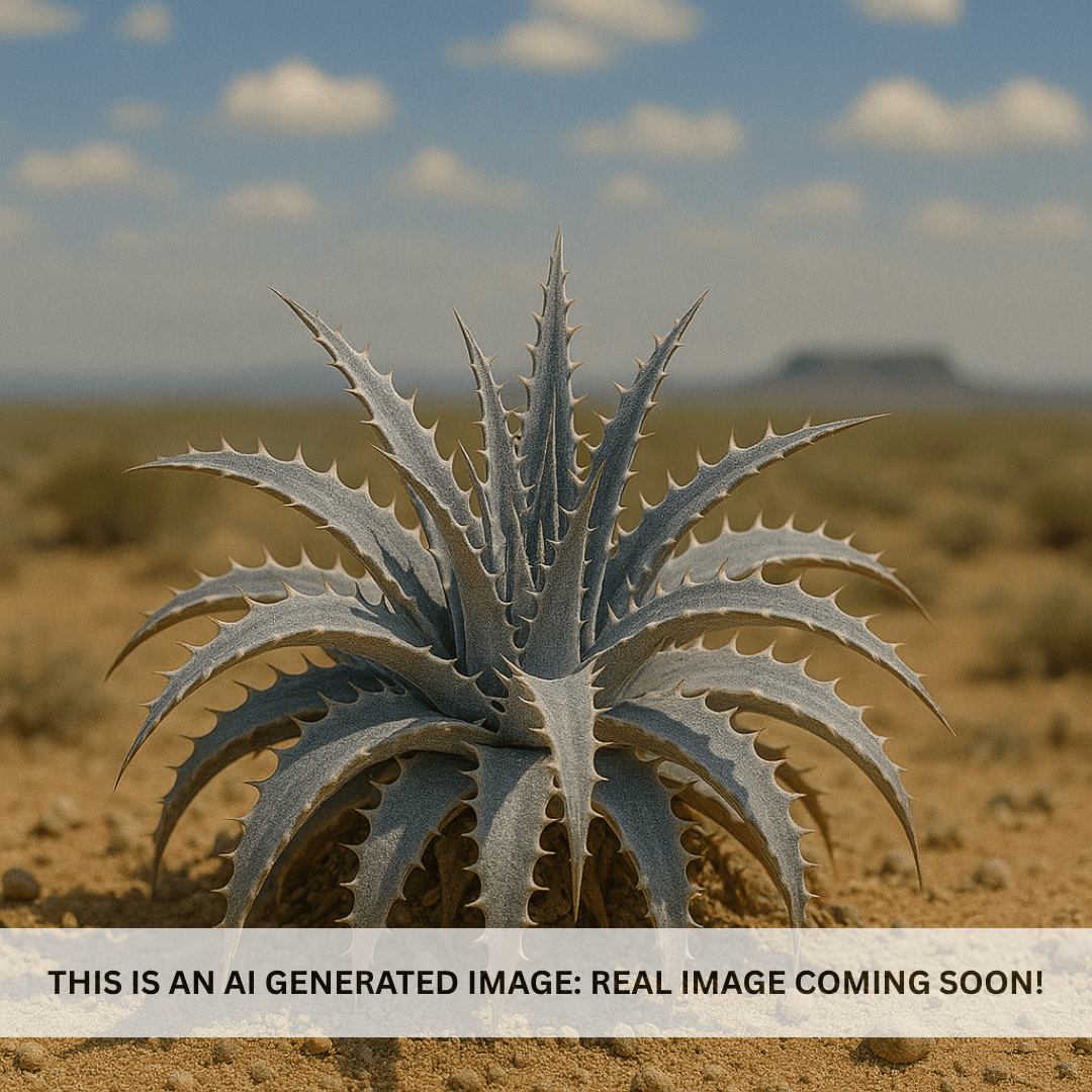 Silver Nickle Dyckia compact silvery-blue spiny rosette succulent in desert landscape — Phoenix, AZ