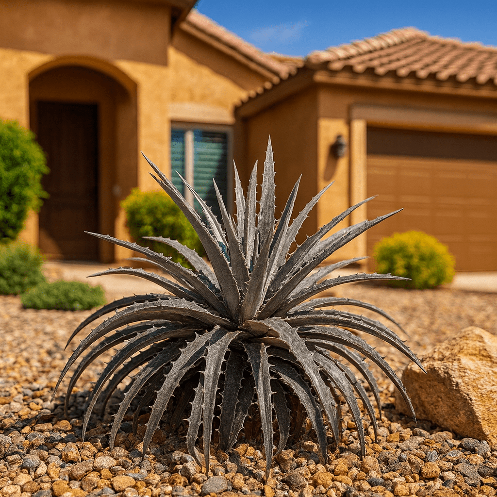 Silver Nickle Dyckia silvery spiny rosette in desert front yard with gravel landscaping — Phoenix, AZ