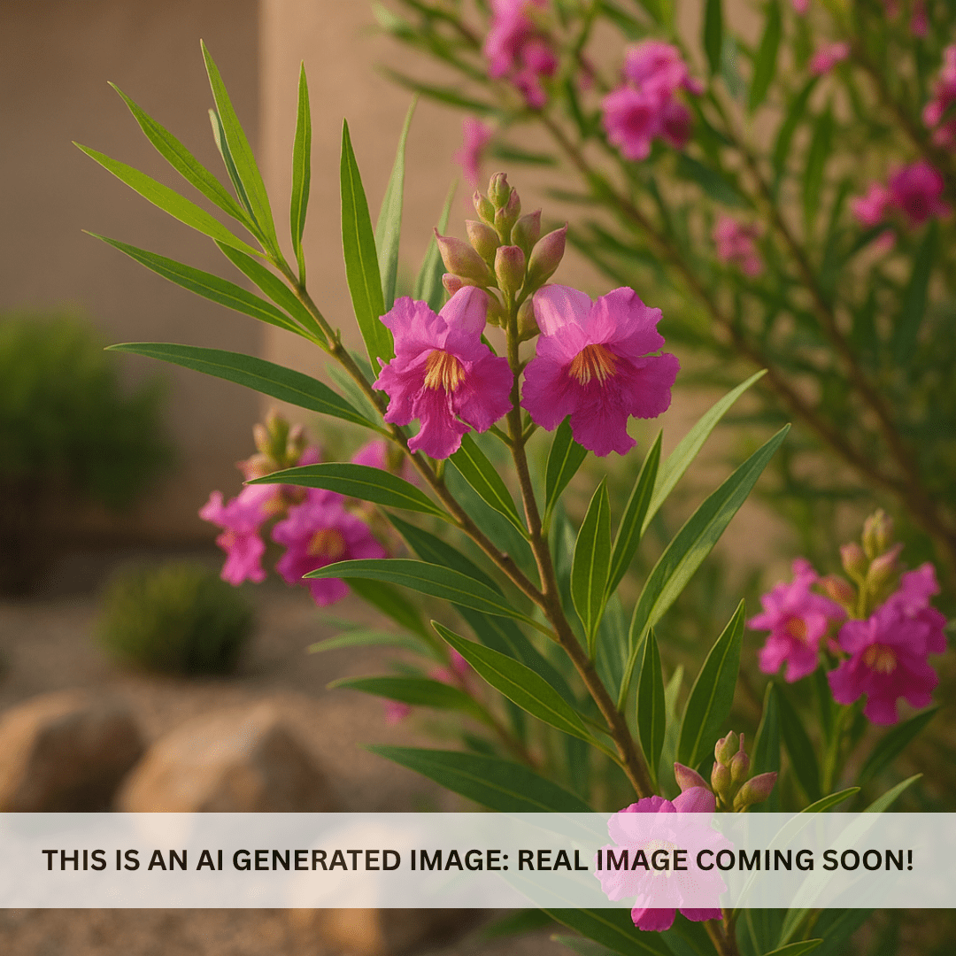 Sweet Bubba Desert Willow (Chilopsis linearis) close-up of magenta trumpet blooms — Phoenix, AZ