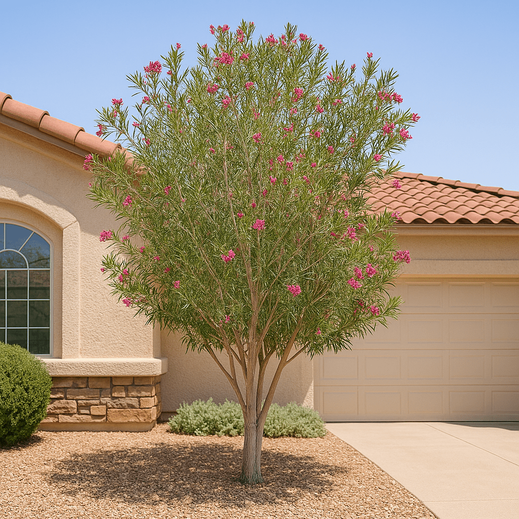 Sweet Bubba Desert Willow (Chilopsis linearis) in full bloom in front yard landscape — Phoenix, AZ