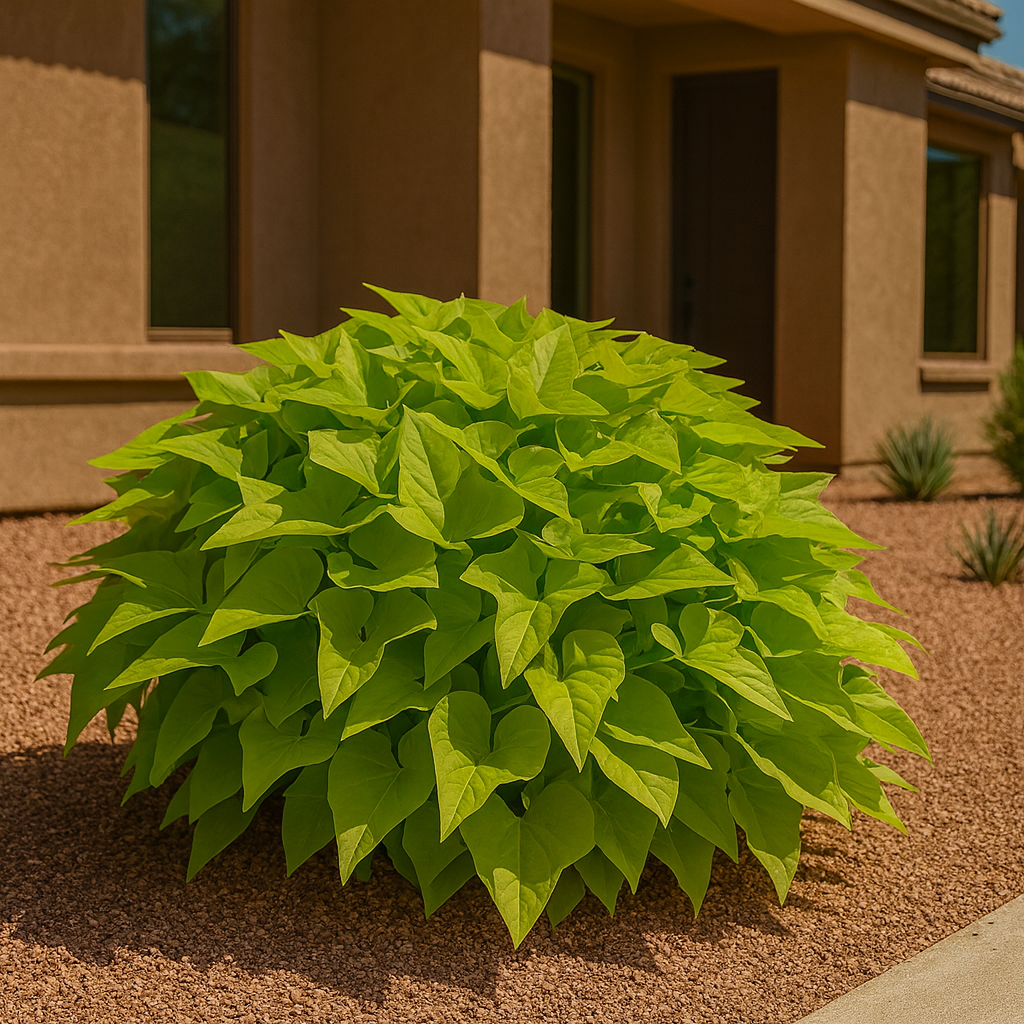 Sweet Potato Vine Margurite (Ipomoea batatas) chartreuse mound in desert gravel landscape, Phoenix, AZ