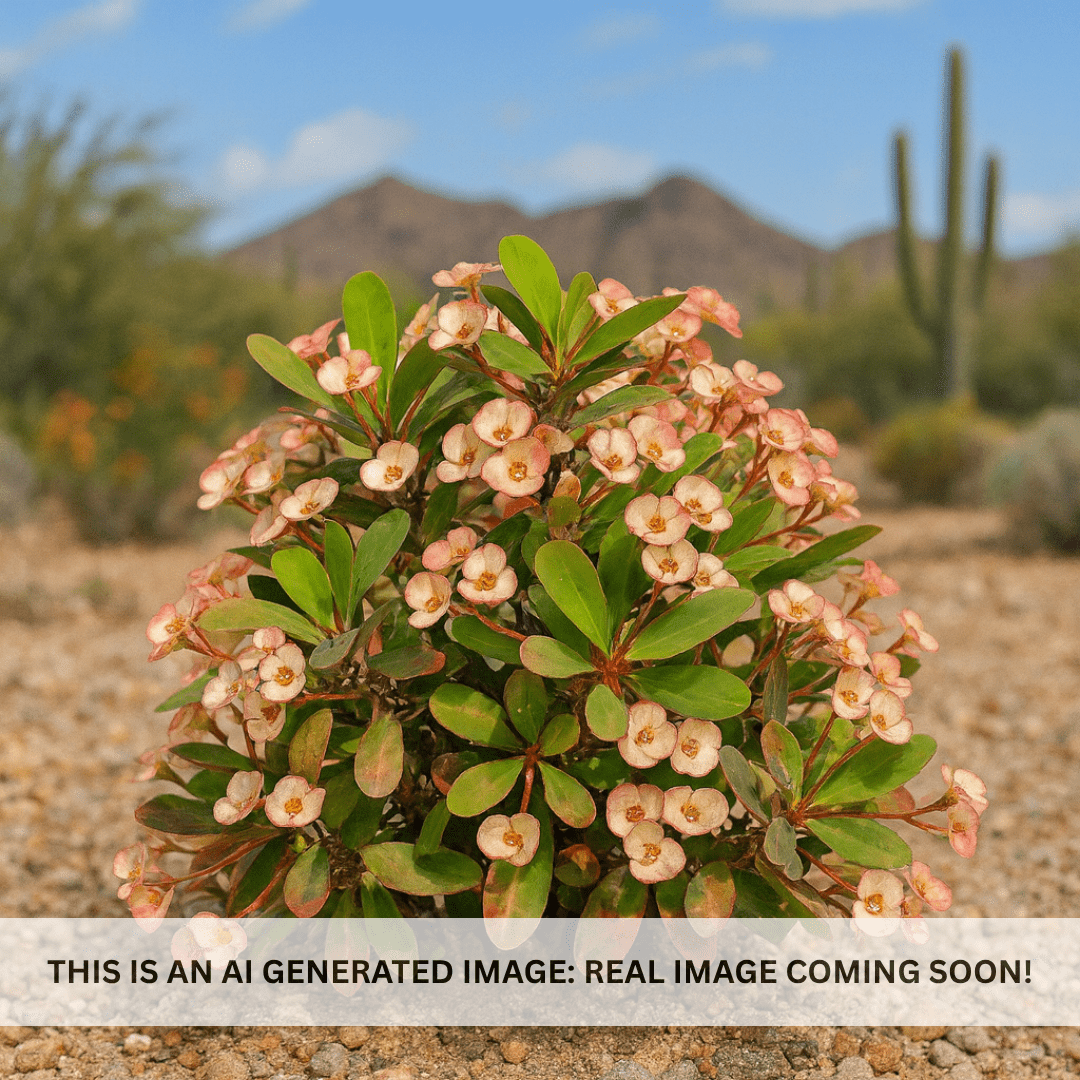 Tropical Fiesta Crown of Thorns (Euphorbia milii) bi-colored yellow and pink flowers on thorny succulent shrub — Phoenix, AZ