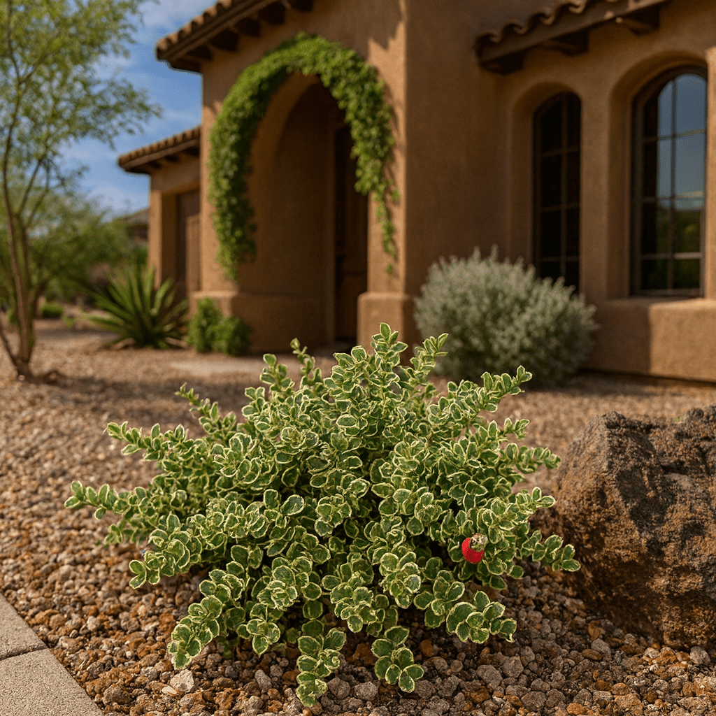 Variegated Boxwood Beauty (Buxus harlandii) compact hedge shrub in nursery pot — Phoenix, AZ
