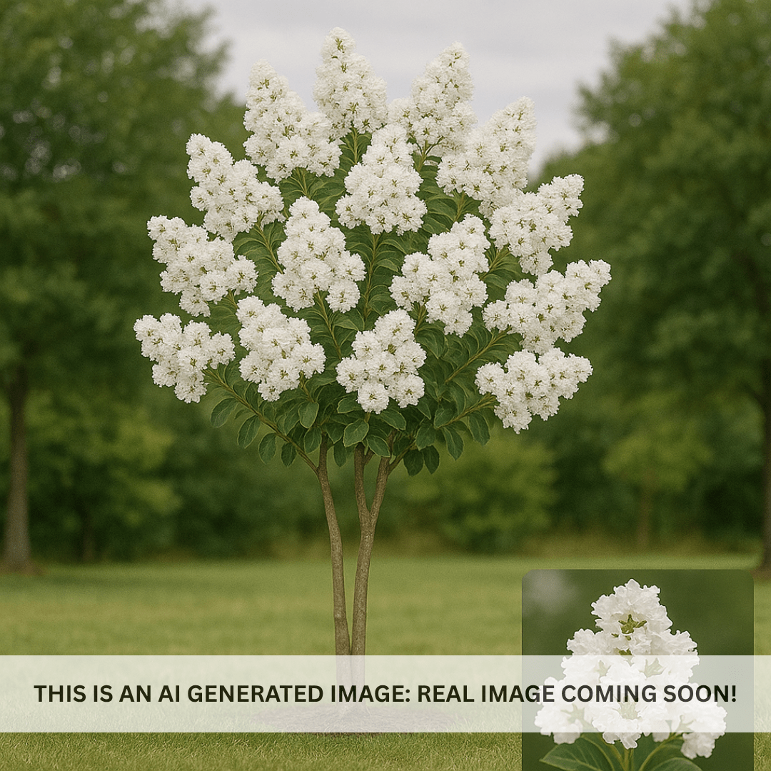 White Crape Myrtle Tree (Lagerstroemia indica) in full white bloom showing multi-trunk tree form — Phoenix, AZ