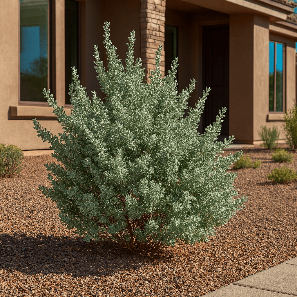 White Cloud Texas Sage (Leucophyllum frutescens) silvery-gray shrub with white flowers — Phoenix, AZ