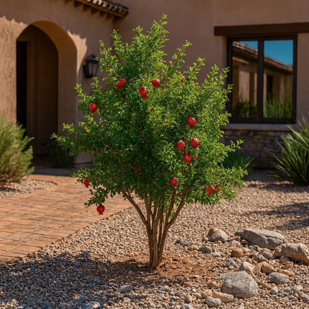 Wonderful Pomegranate (Punica granatum) tree with red fruit in gravel desert landscape — Phoenix, AZ