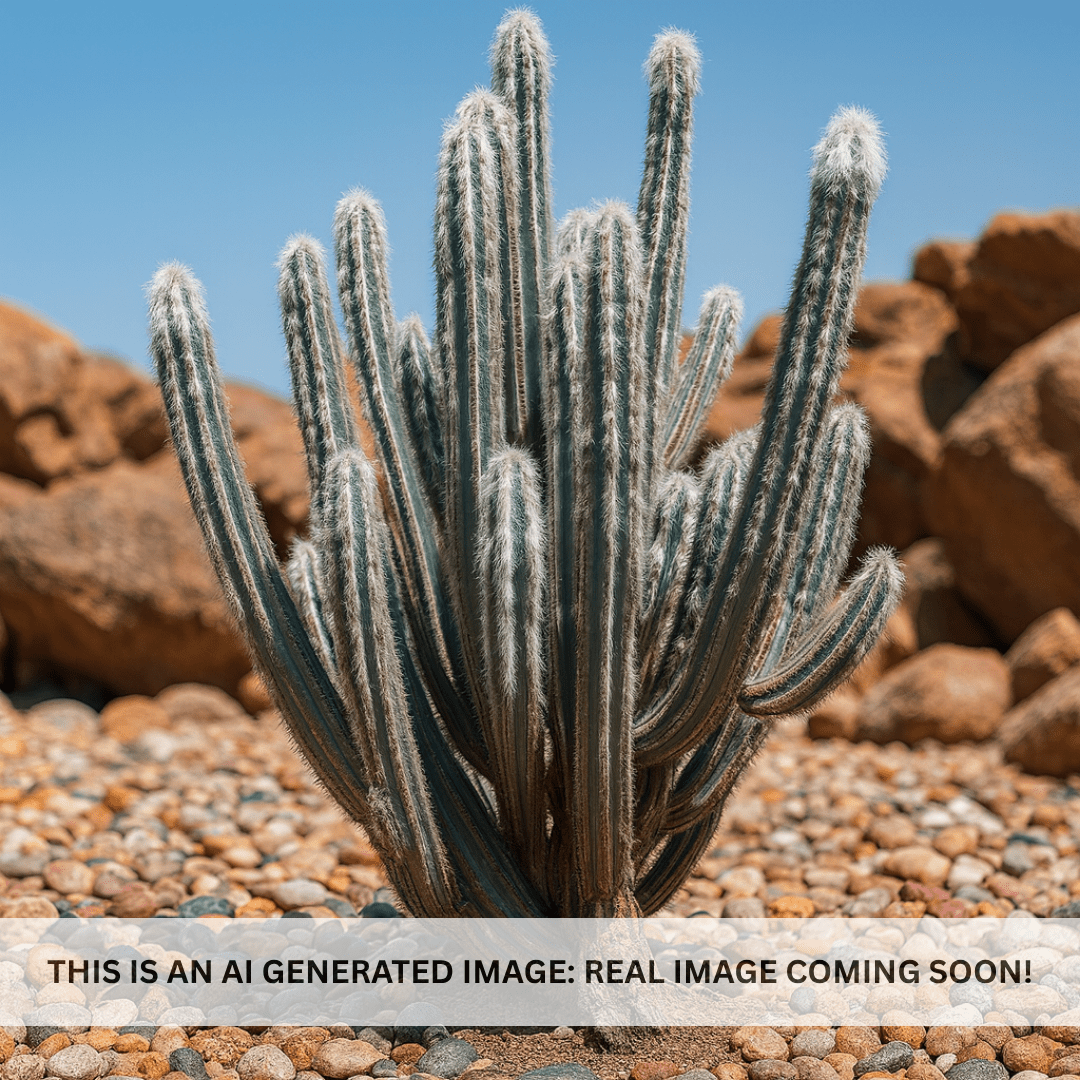 Wooly Torch cactus (Cleistocactus) with soft white fuzzy spines in desert rock setting — Phoenix, AZ