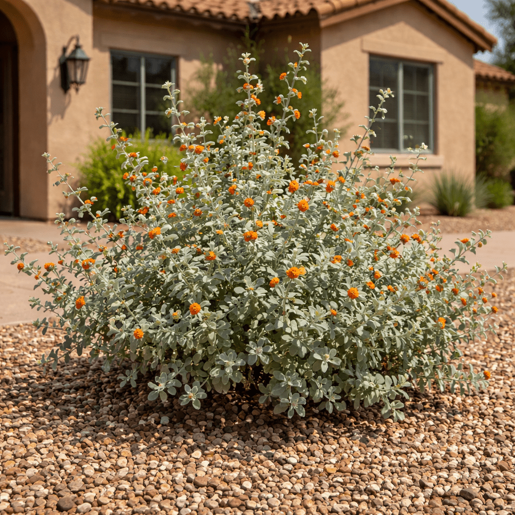 Wooly Butterfly Bush (Buddleja marrubiifolia) with silver-green foliage and orange flower clusters in desert landscape — Phoenix, AZ