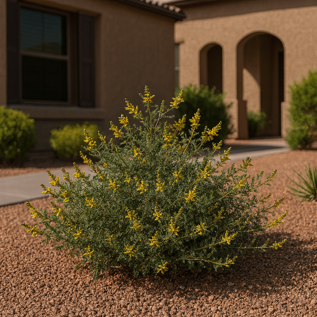 Yellow Dalea (Dalea capitata) golden-yellow blooms in desert front yard gravel landscape — Phoenix, AZ