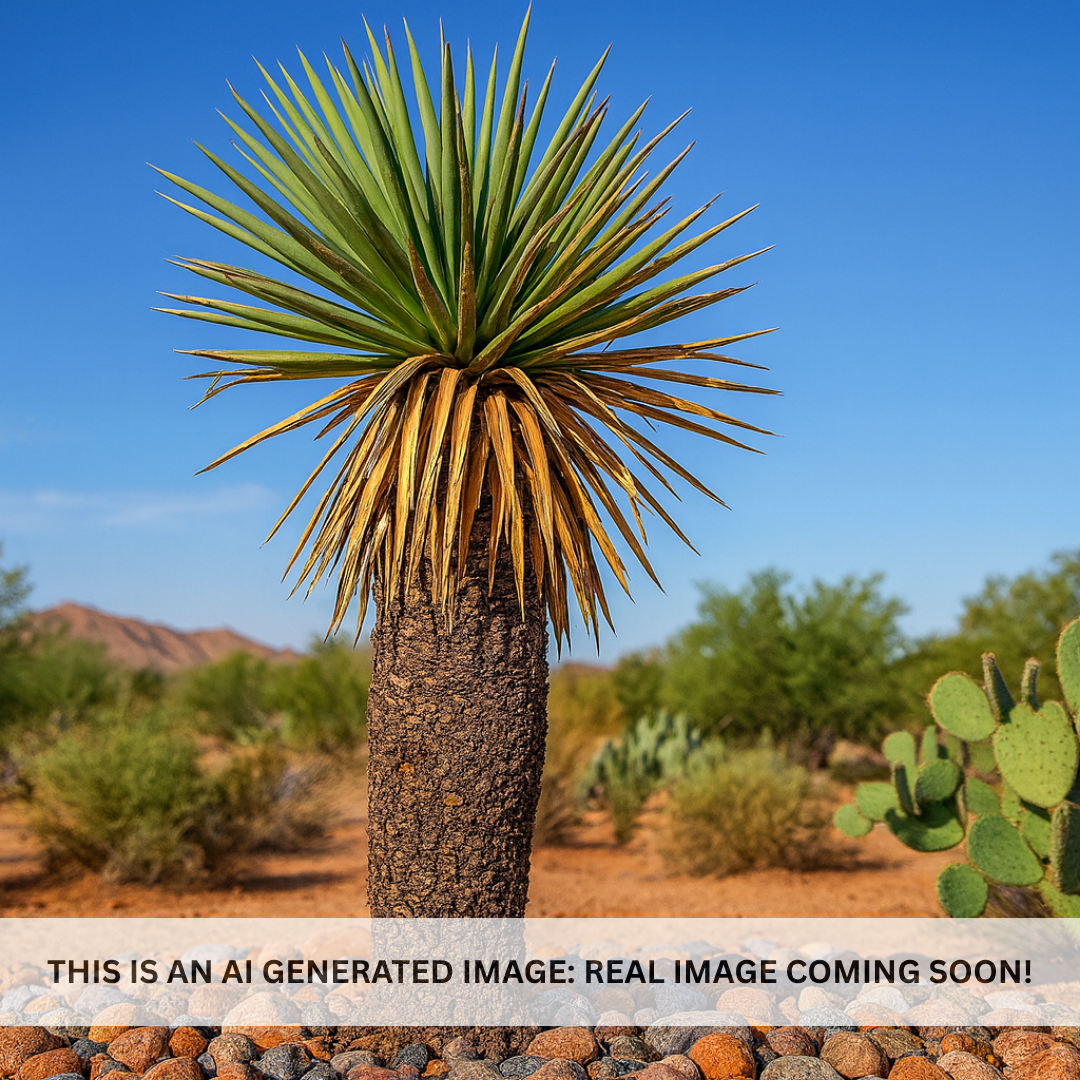 Yucca faxoniana (Giant Yucca) tall specimen with trunk and spiky leaf crown in desert landscape — Phoenix, AZ