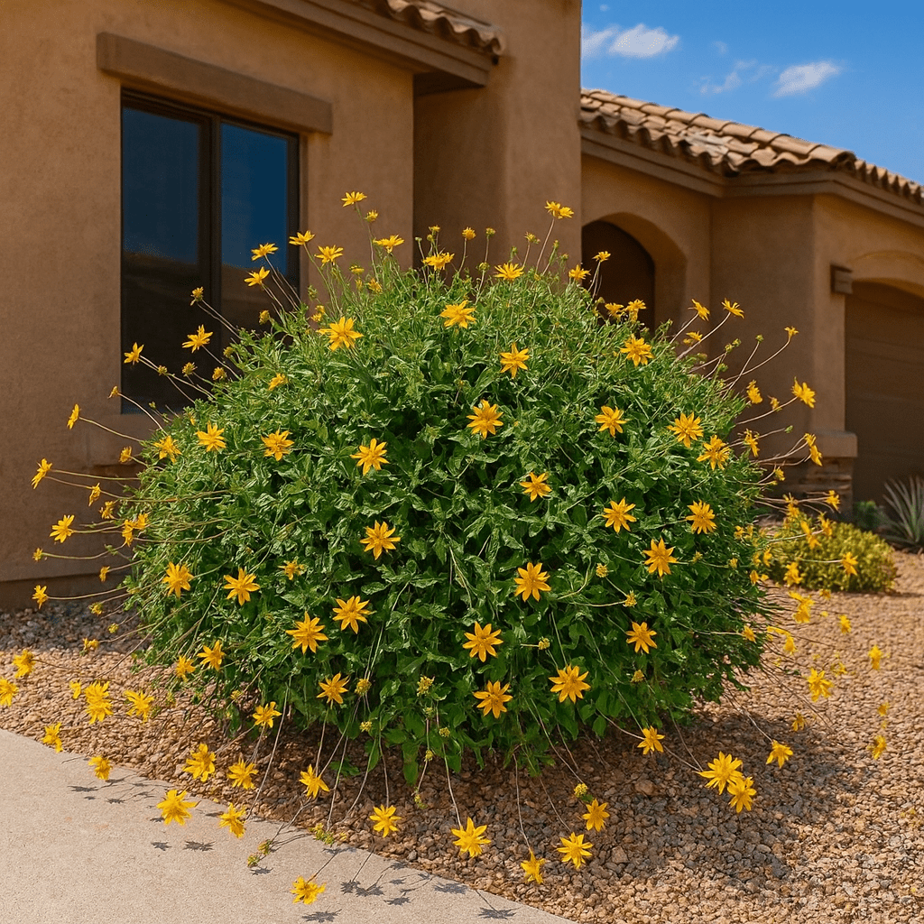 Zexmenia (Wedelia texana) mature bush with golden-yellow daisy flowers in residential desert landscape — Phoenix, AZ