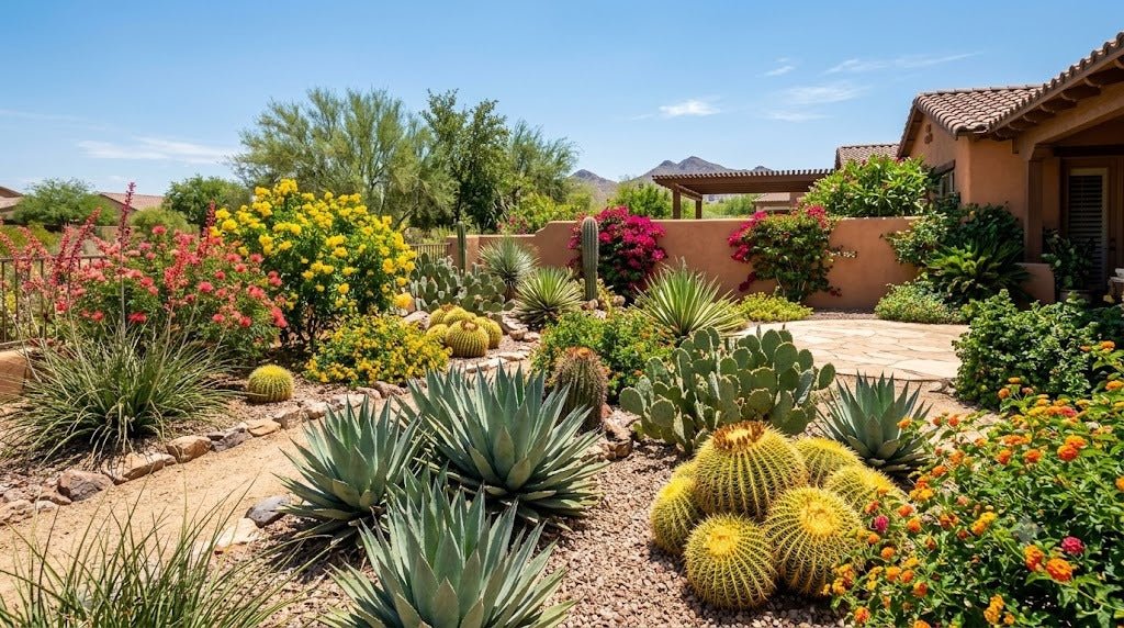 Phoenix desert garden under intense summer sun during a heat wave
